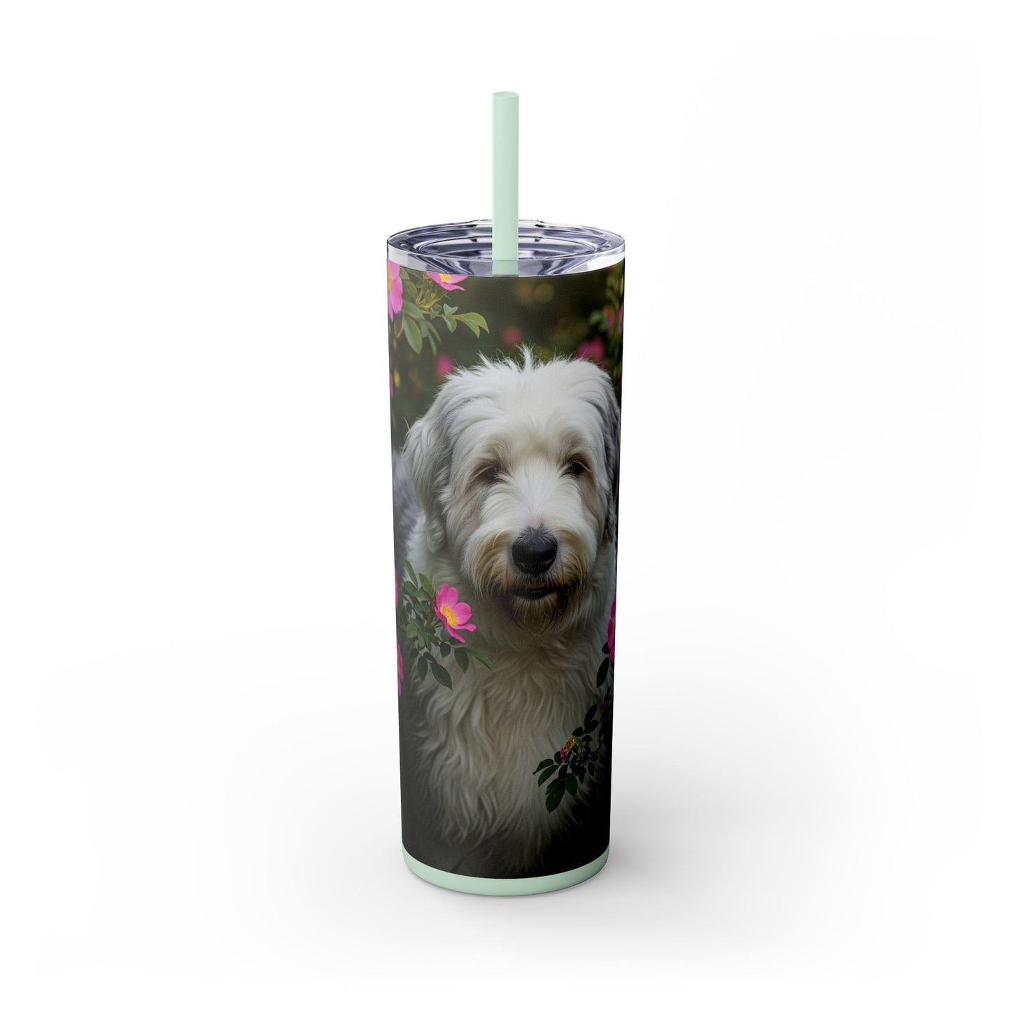 Old English Sheepdog Skinny Tumbler with Straw, 20oz