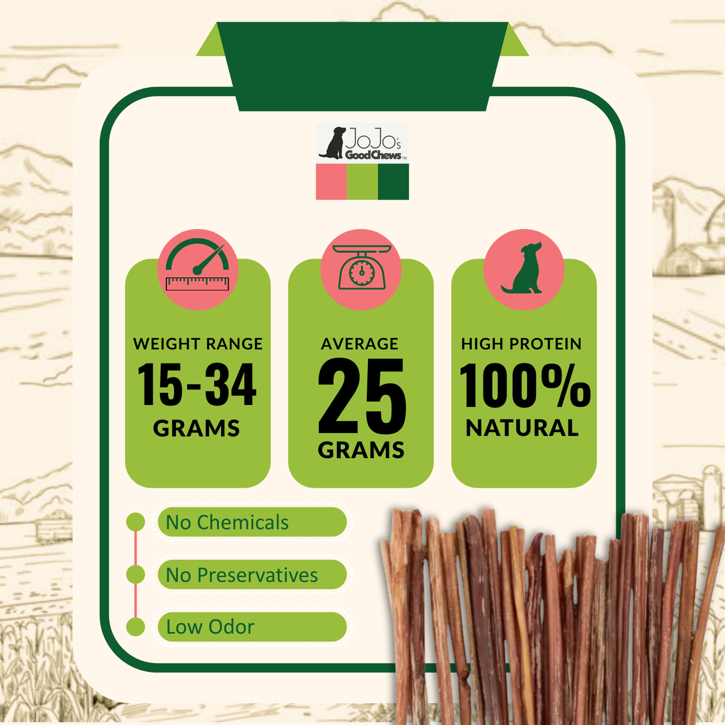 Bâtonnets à mâcher pour chiens au bœuf 100% naturel – Riches en nutriments et en protéines – 30 cm de long (25/boîte)