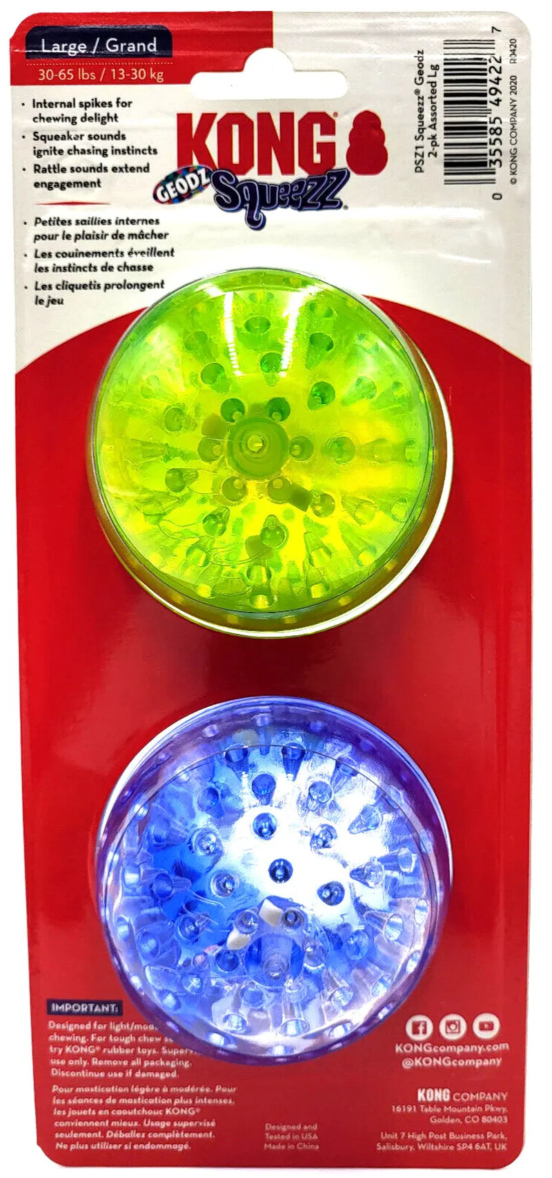 Kong Squeezz Geodz Balls - Juguete flotante para perros (2 unidades, 7,6 cm, colores variados)