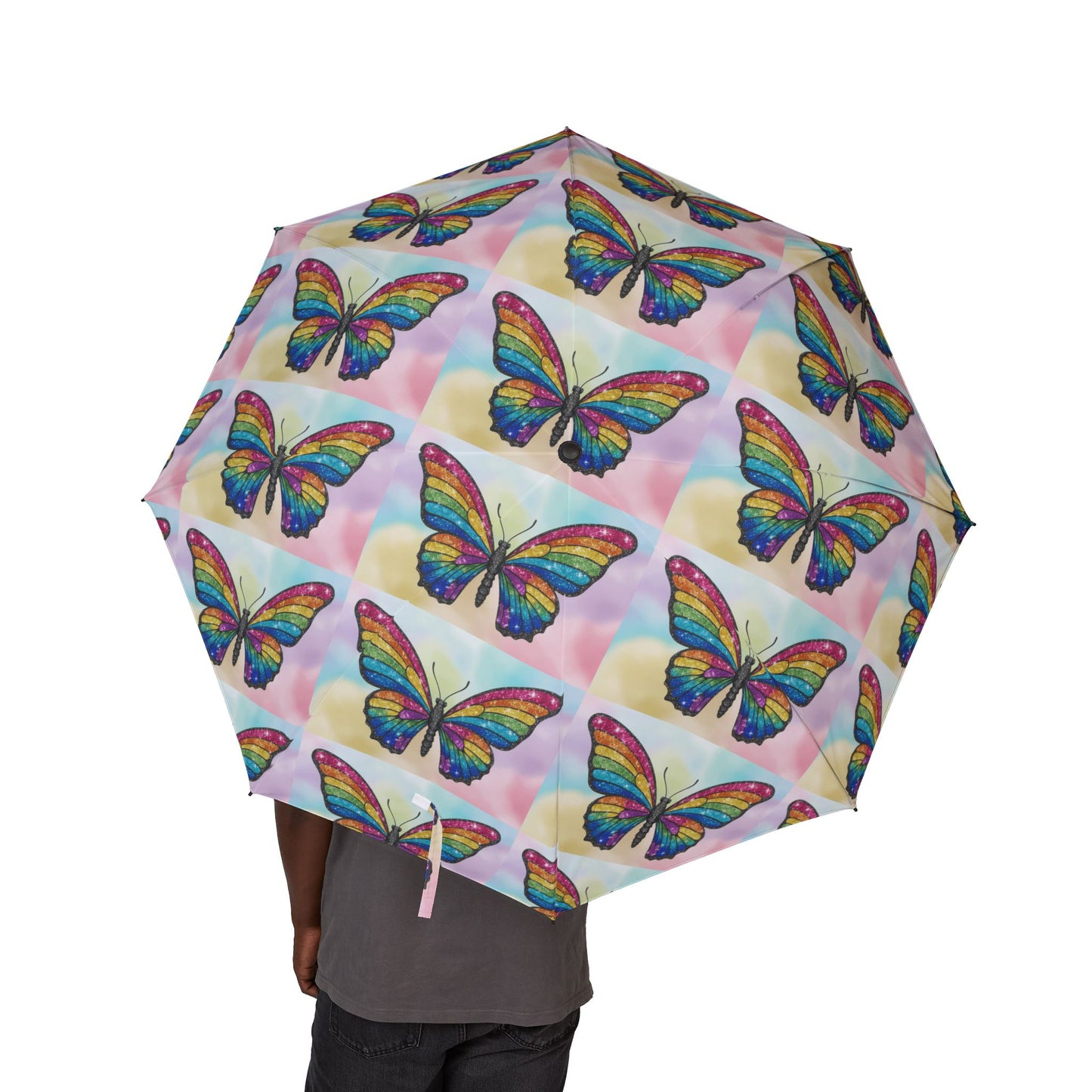 Glittery Rainbow Butterfly Semi-Automatic Foldable Umbrella