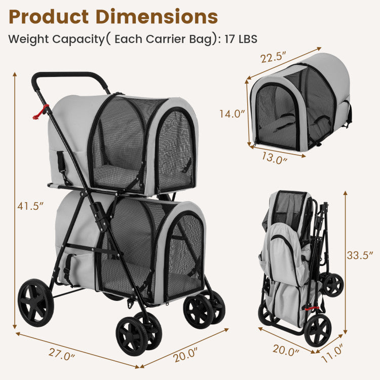 Cochecito doble para mascotas 4 en 1 con portabebés desmontable y carrito de viaje
