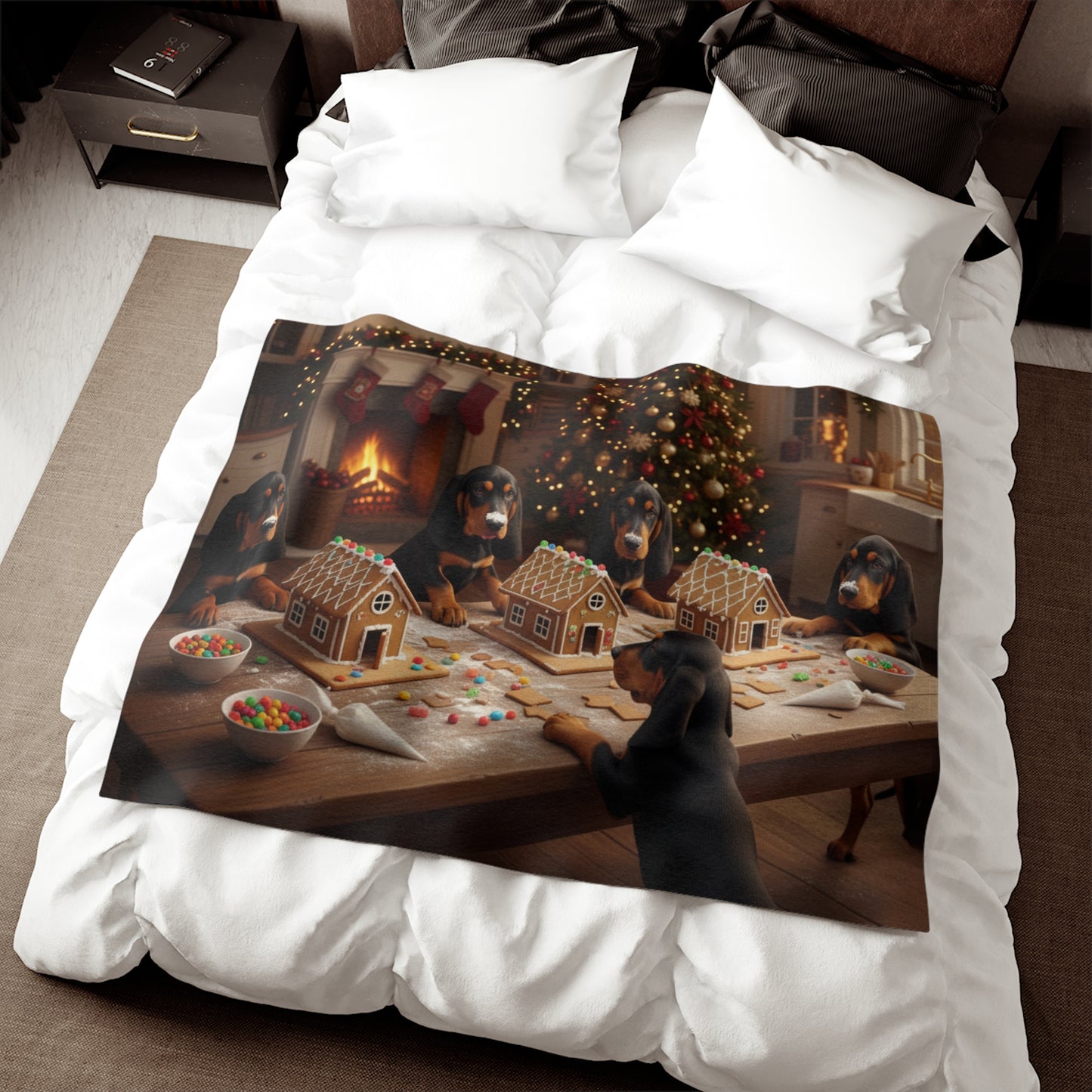 Festive Black and Tan Coonhounds Building Gingerbread Houses Blanket