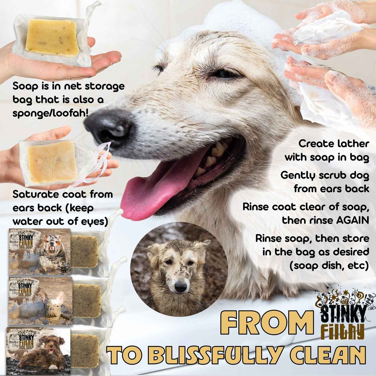 Shampoing et savon pour chiens sales et puants