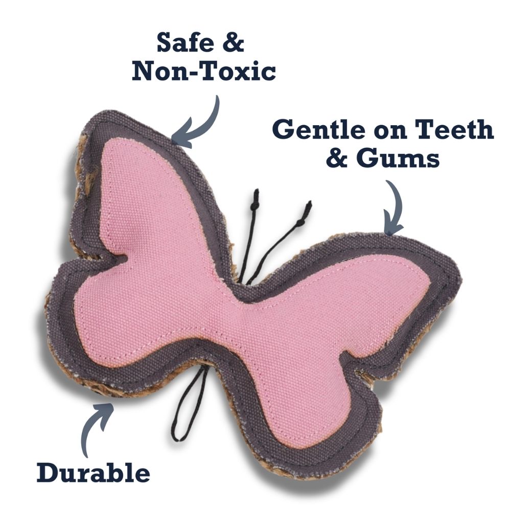 Juguete masticable para perros Country Living de lona y yute con forma de mariposa: duradero, seguro y no tóxico.
