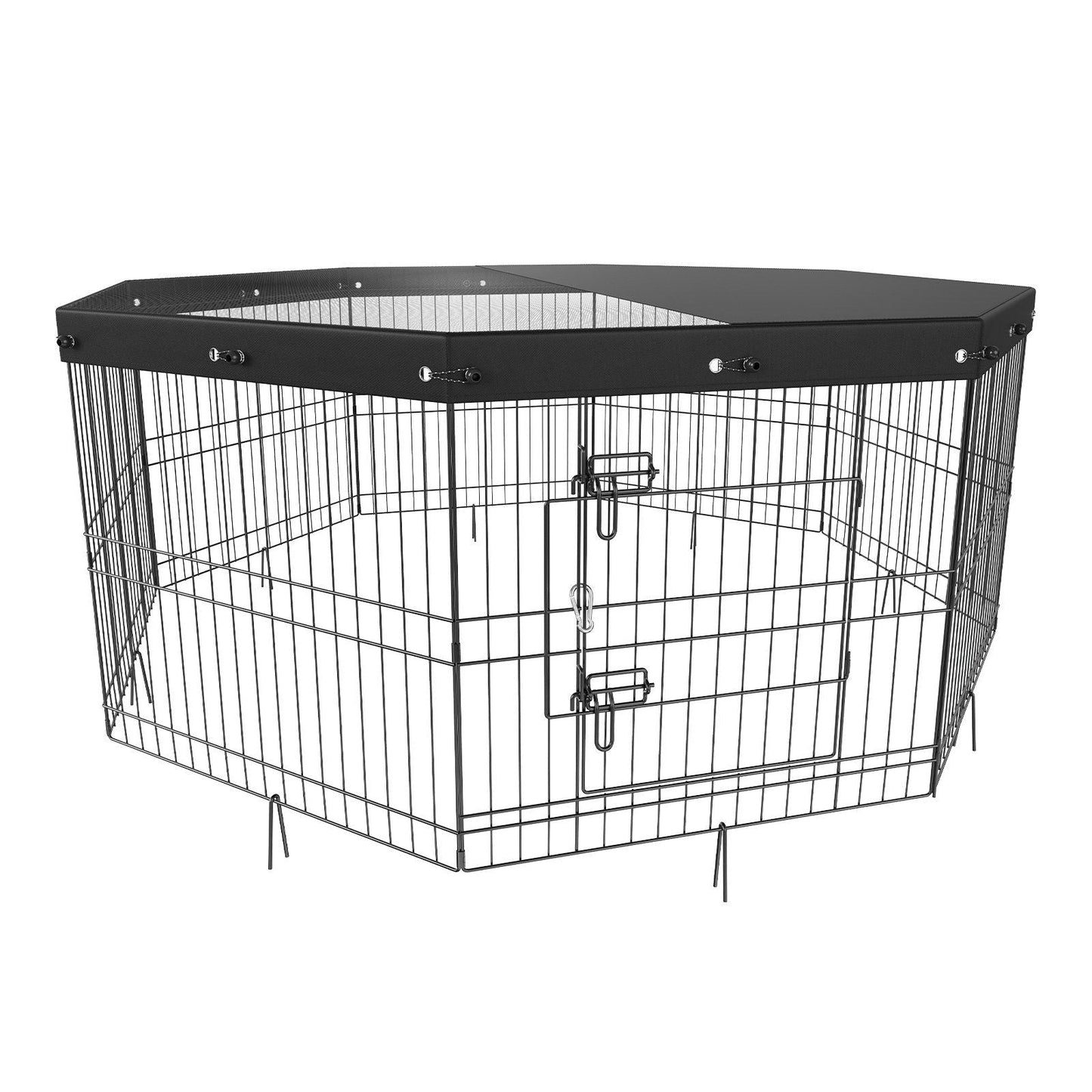 Parque para perros, corral de ejercicios plegable de metal de 8 paneles con cubierta superior, cerca de 61 cm de alto, jaula para cachorros con estacas, corral para interior y exterior para mascotas pequeñas y medianas, ideal para acampar y patio.
