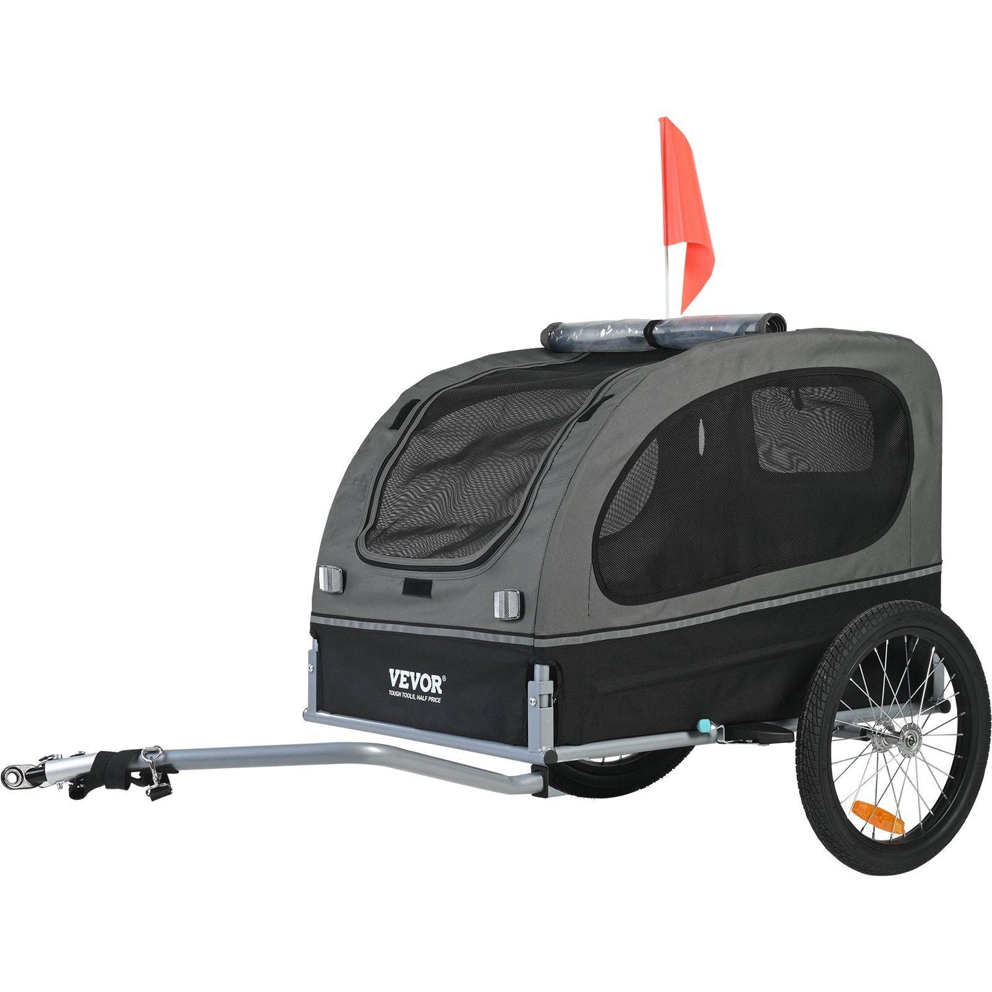 Remolque de bicicleta para perros, soporta hasta 40 kg, portabicicletas para mascotas, marco plegable con ruedas de liberación rápida, acoplador universal para bicicletas, reflectores, bandera, plegable para guardar, negro/gris