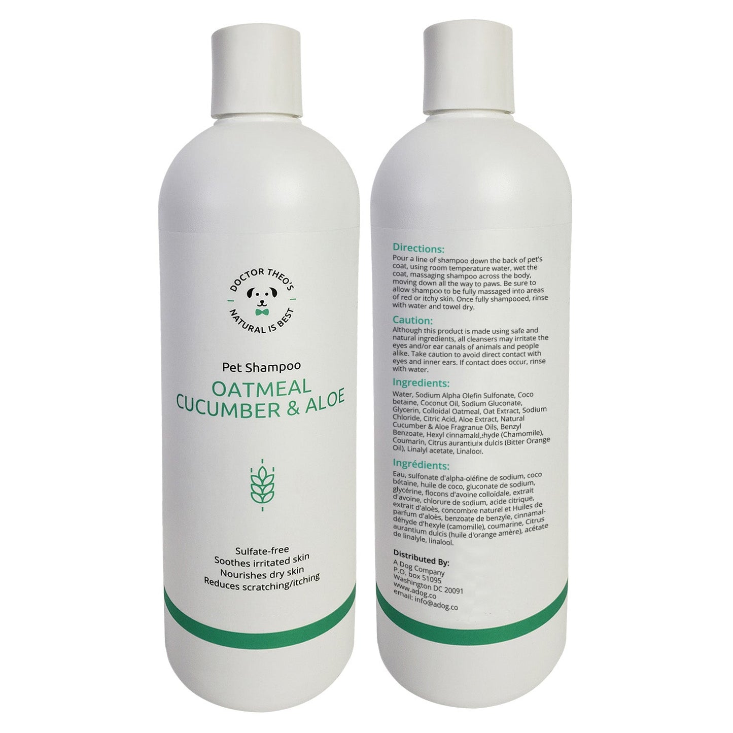 Shampoing pour chiens Dr. Theo's – Avoine, concombre et aloès (473 ml)