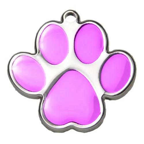 Médaille d'identification pour chien avec motif de patte violette et gravure