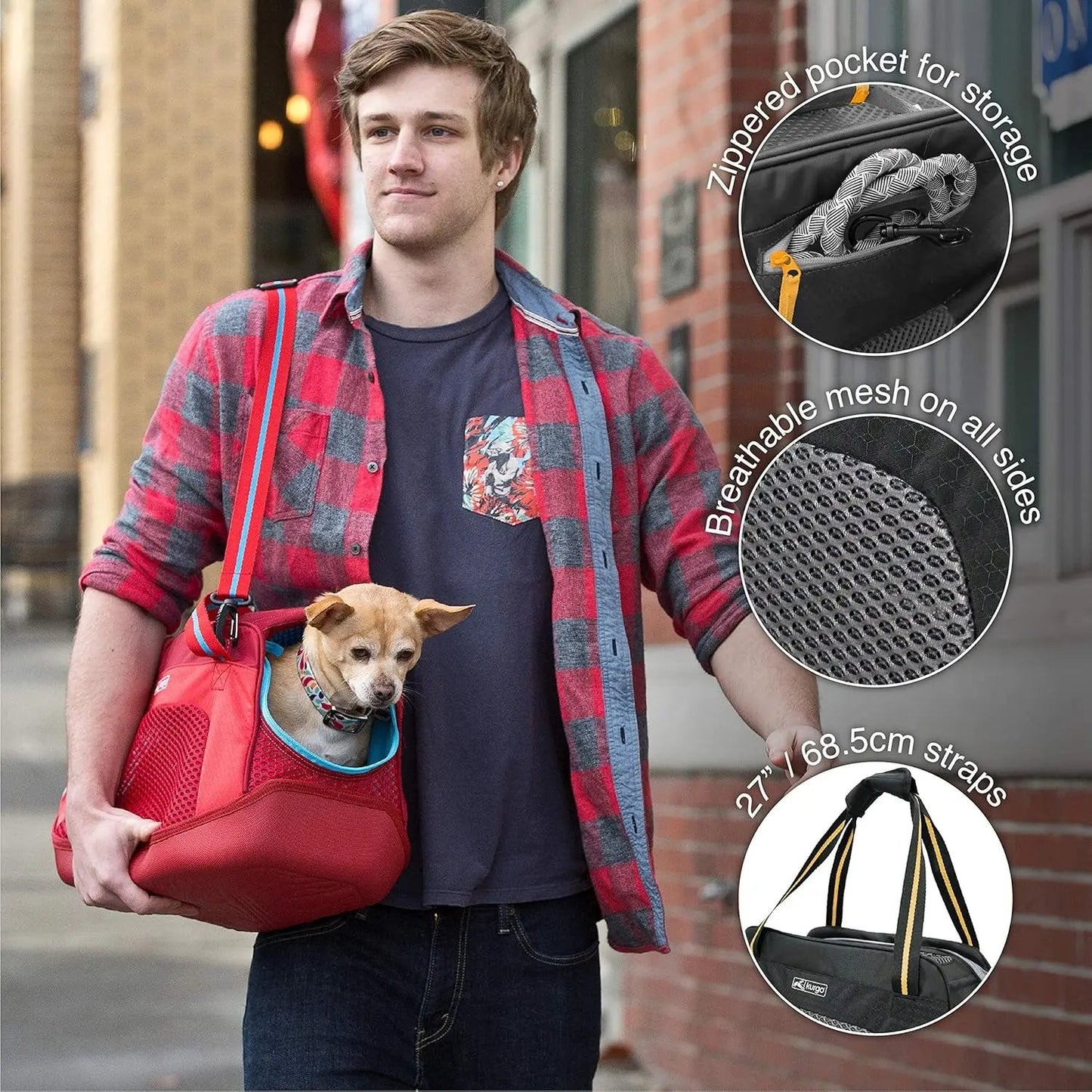 Transportín para perros Explorer - Cómodo para viajes - Base Armorsole resistente al agua - Compatible con aerolíneas - Bolsillo de almacenamiento - Para gatos y perros pequeños de hasta 9 kg - Rojo/Azul