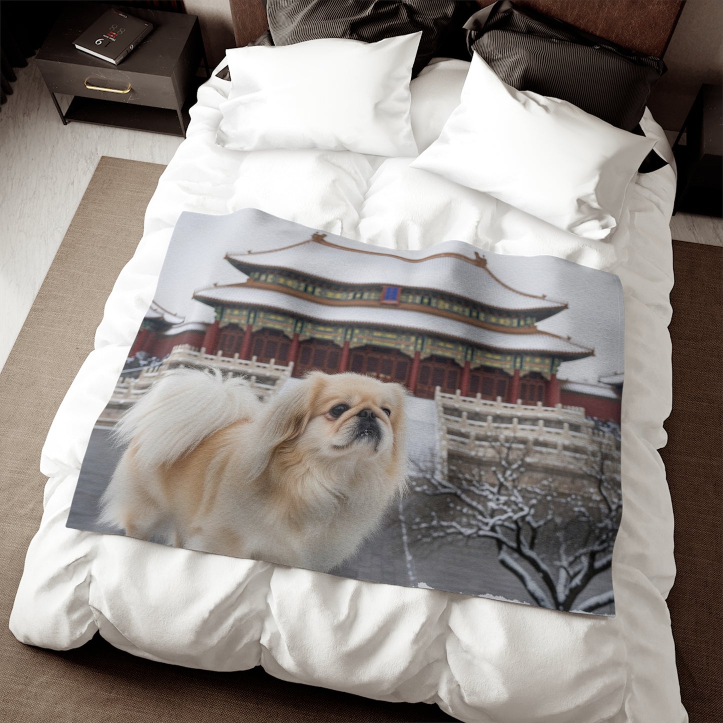 Pekingese in Snow Sweatshirt Blanket — Cozy Pet Photo Throw with Temple Background