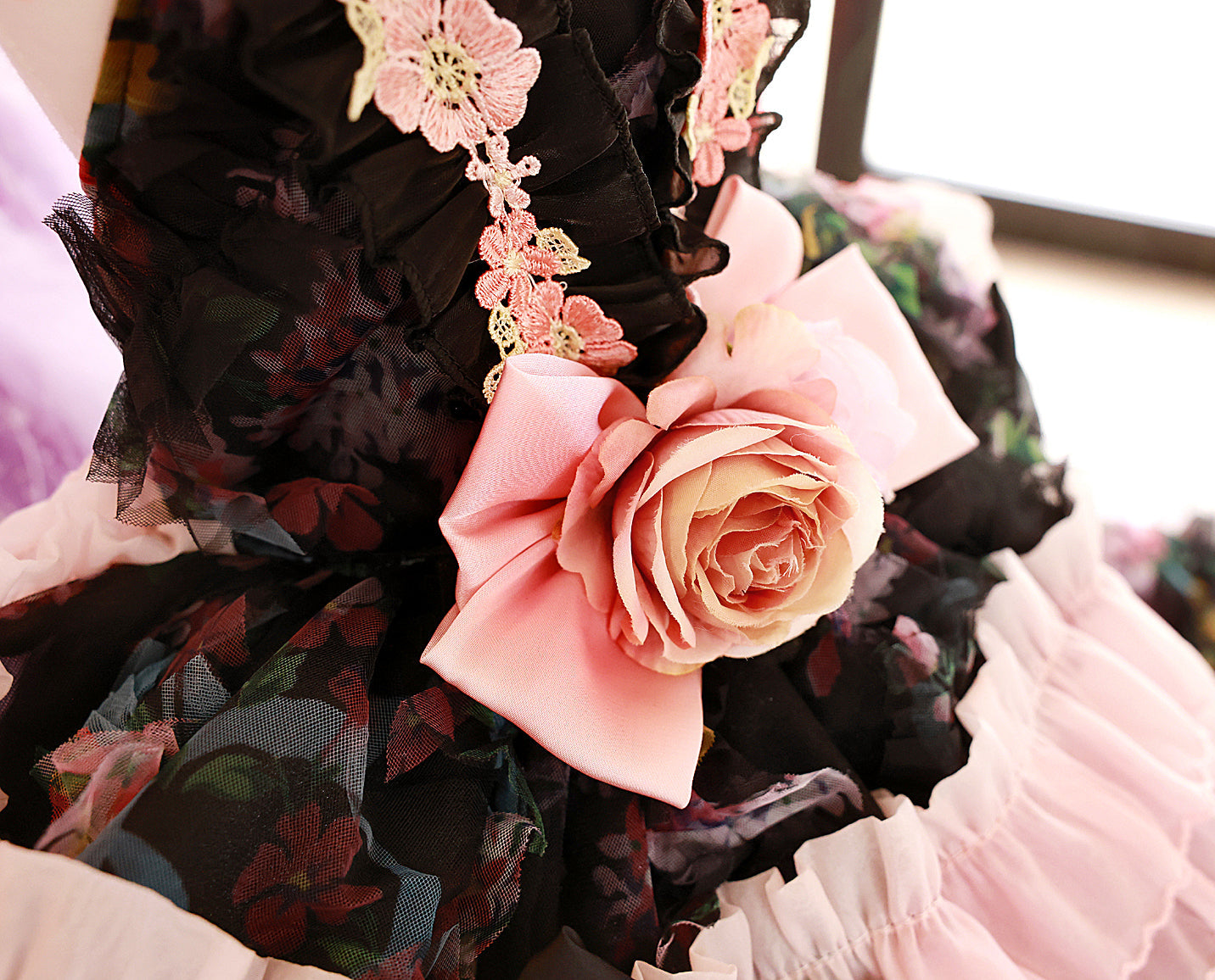 Black Floral Princess Dog Dress – Luxury Victorian Puppy Gown with Romantic Ruffle Train