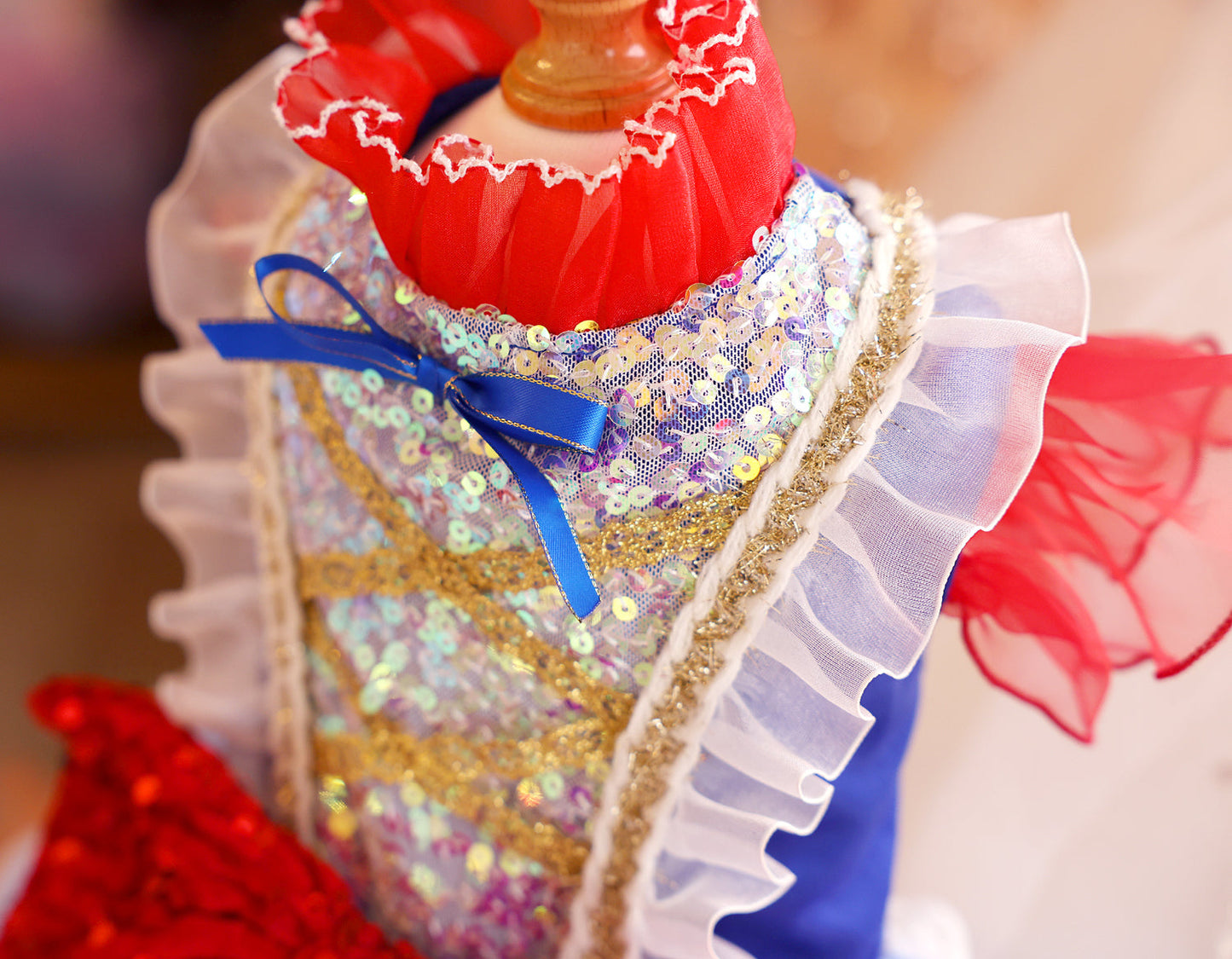 Luxury Fairytale Princess Dog Dress – Blue & Gold Royal Puppy Ball Gown with Sequin Bow Detail