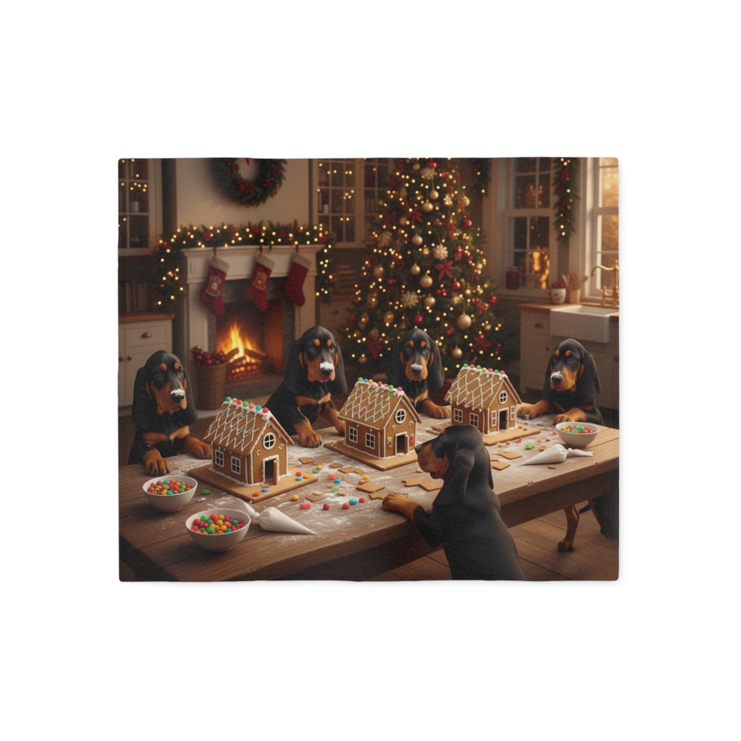 Festive Black and Tan Coonhounds Building Gingerbread Houses Blanket
