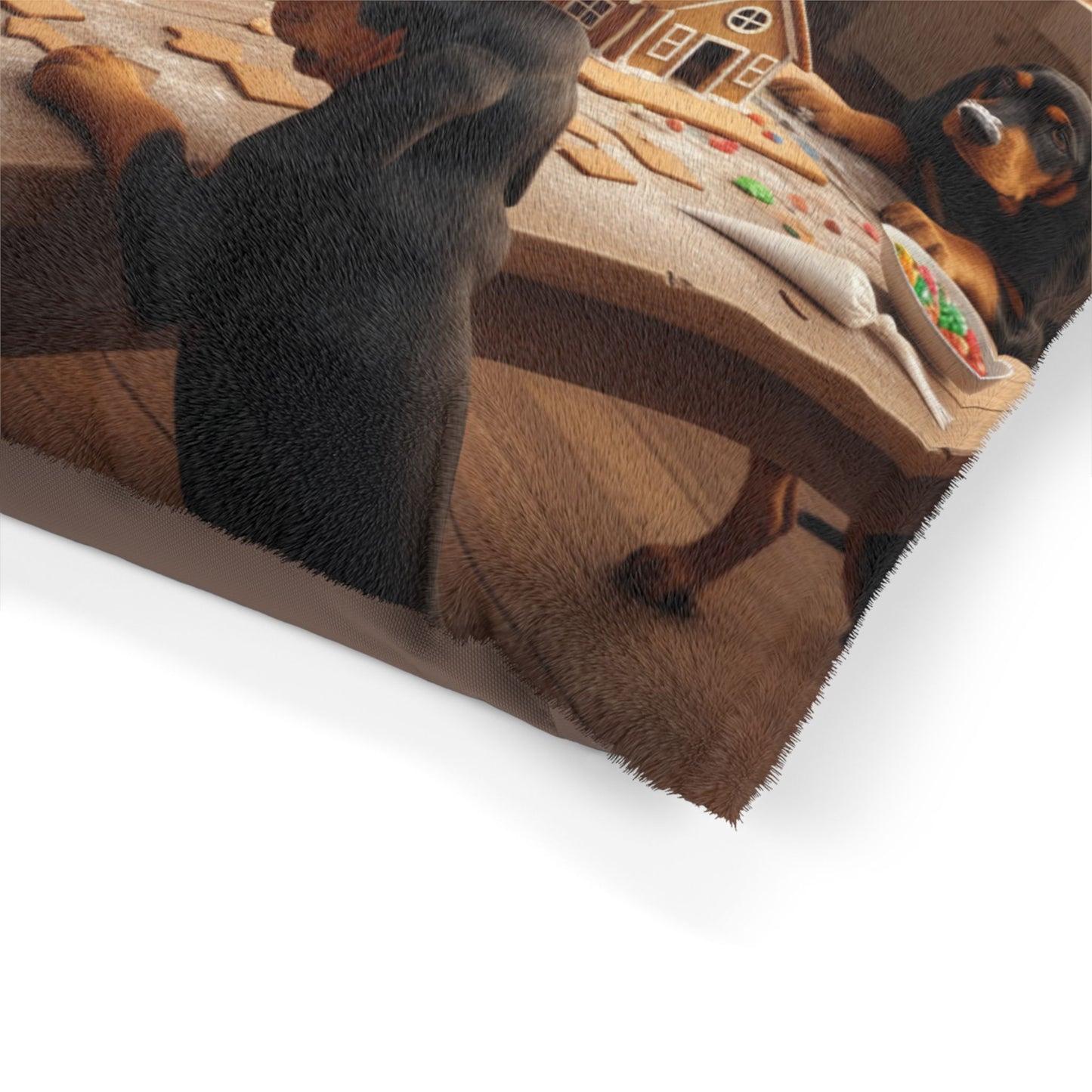 Festive Black and Tan Coonhounds Building Gingerbread Houses Pet Bed