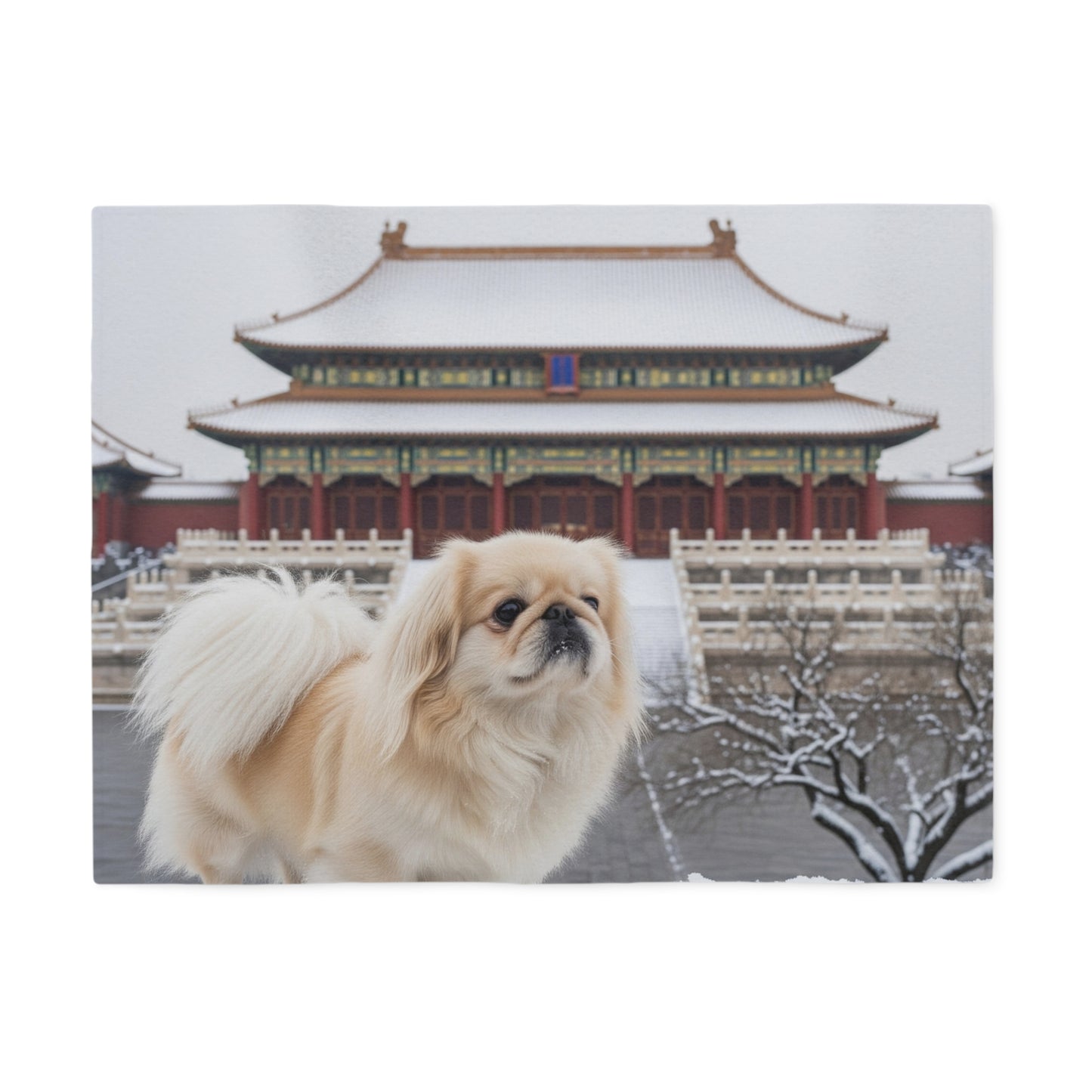 Pekingese in Snow Sweatshirt Blanket — Cozy Pet Photo Throw with Temple Background