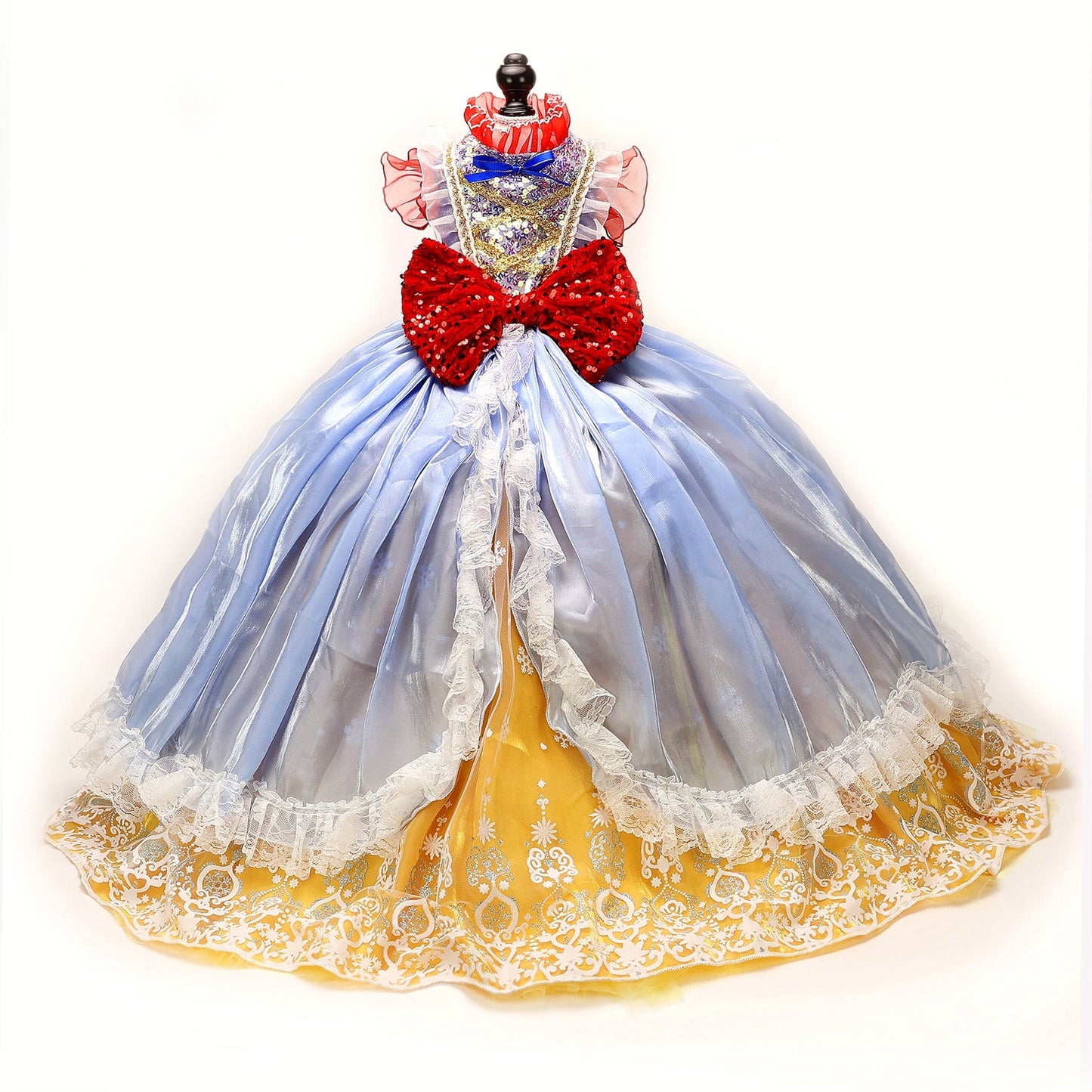 Luxury Fairytale Princess Dog Dress – Blue & Gold Royal Puppy Ball Gown with Sequin Bow Detail