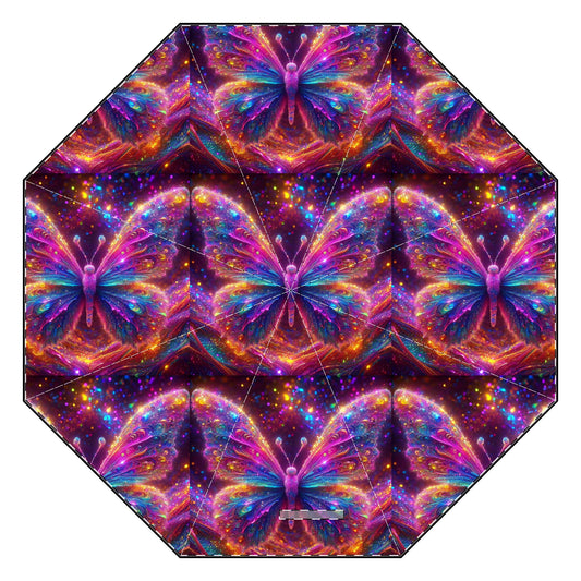 Psychedelic Glittery Butterfly Semi-Automatic Foldable Umbrella