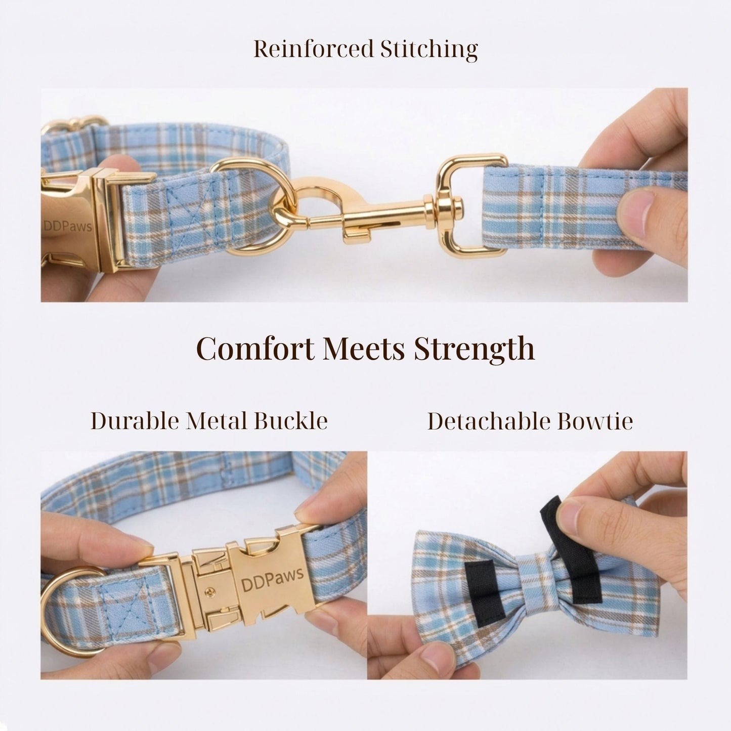 Ensemble collier, laisse et harnais pour chien, motif à carreaux bleus