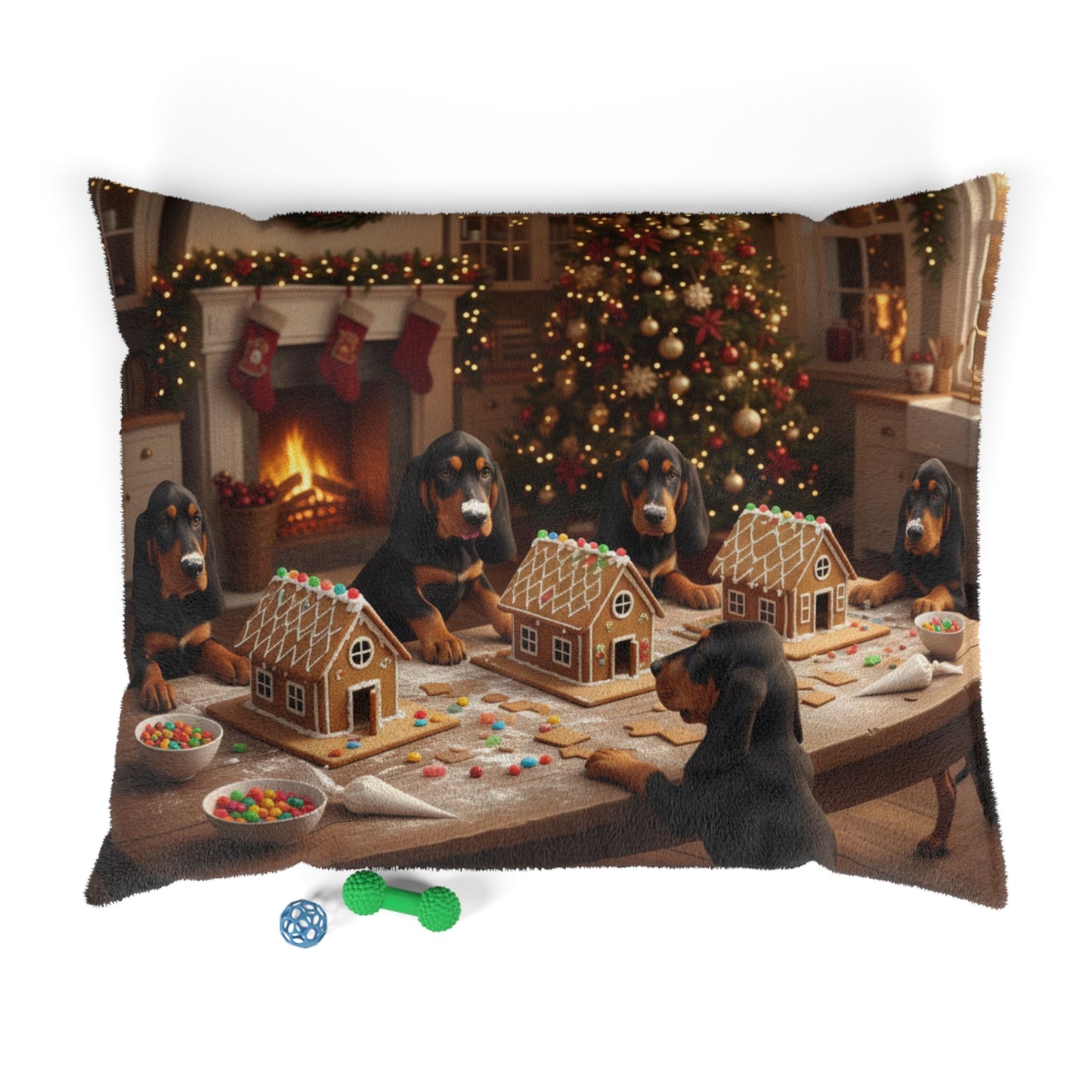 Festive Black and Tan Coonhounds Building Gingerbread Houses Pet Bed