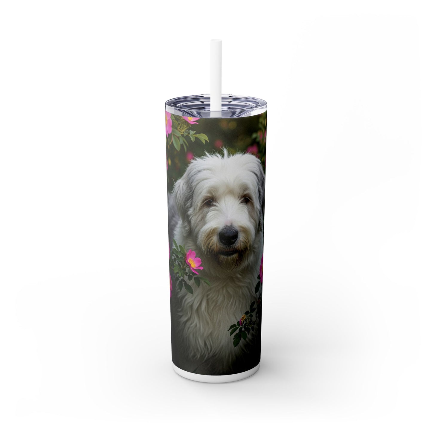 Old English Sheepdog Skinny Tumbler with Straw, 20oz