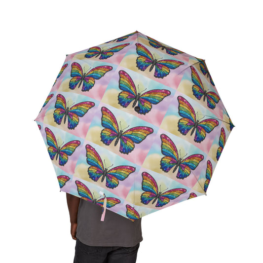 Glittery Rainbow Butterfly Semi-Automatic Foldable Umbrella
