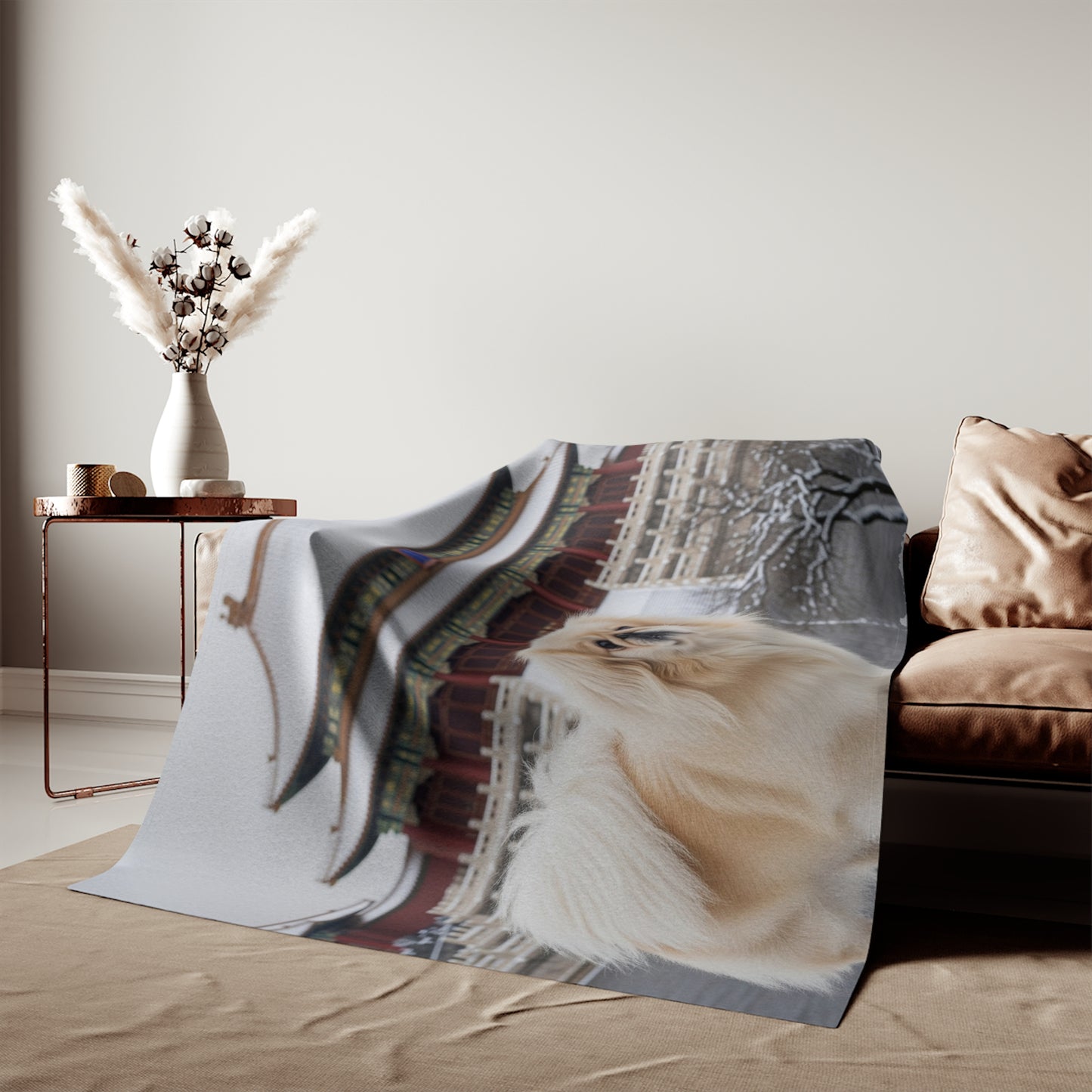 Pekingese in Snow Sweatshirt Blanket — Cozy Pet Photo Throw with Temple Background