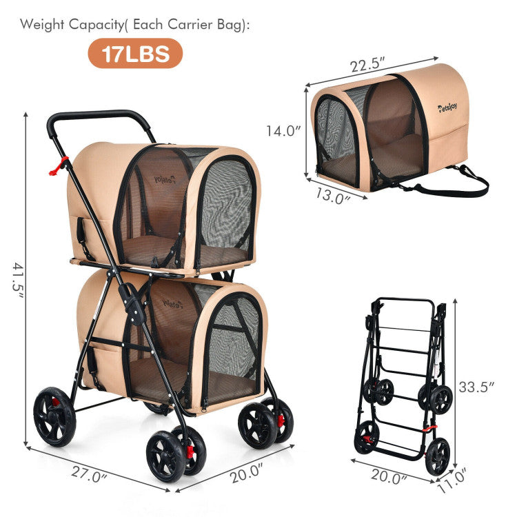 Cochecito doble para mascotas 4 en 1 con portabebés desmontable y carrito de viaje 
