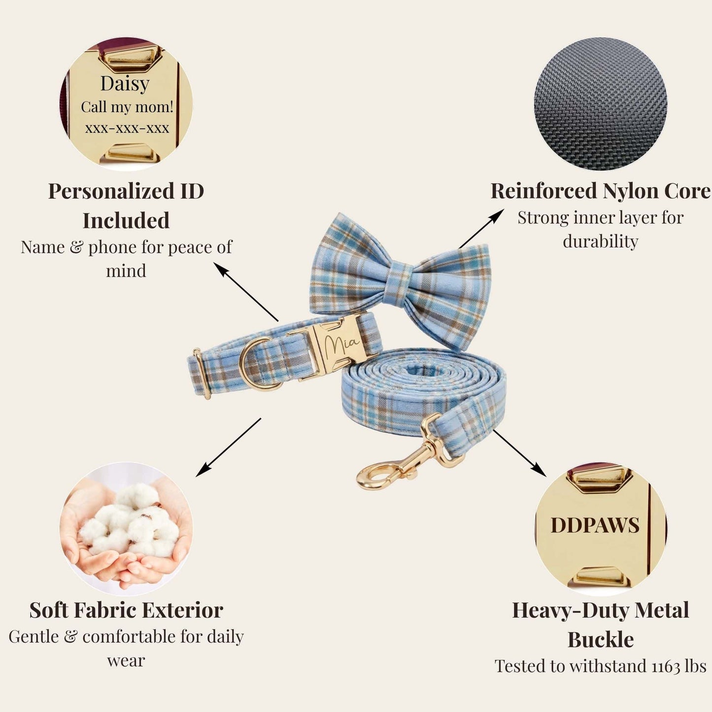 Ensemble collier, laisse et harnais pour chien, motif à carreaux bleus