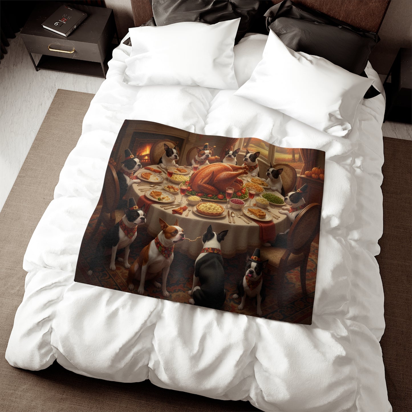 Boston Terrier Thanksgiving Dinner Blanket