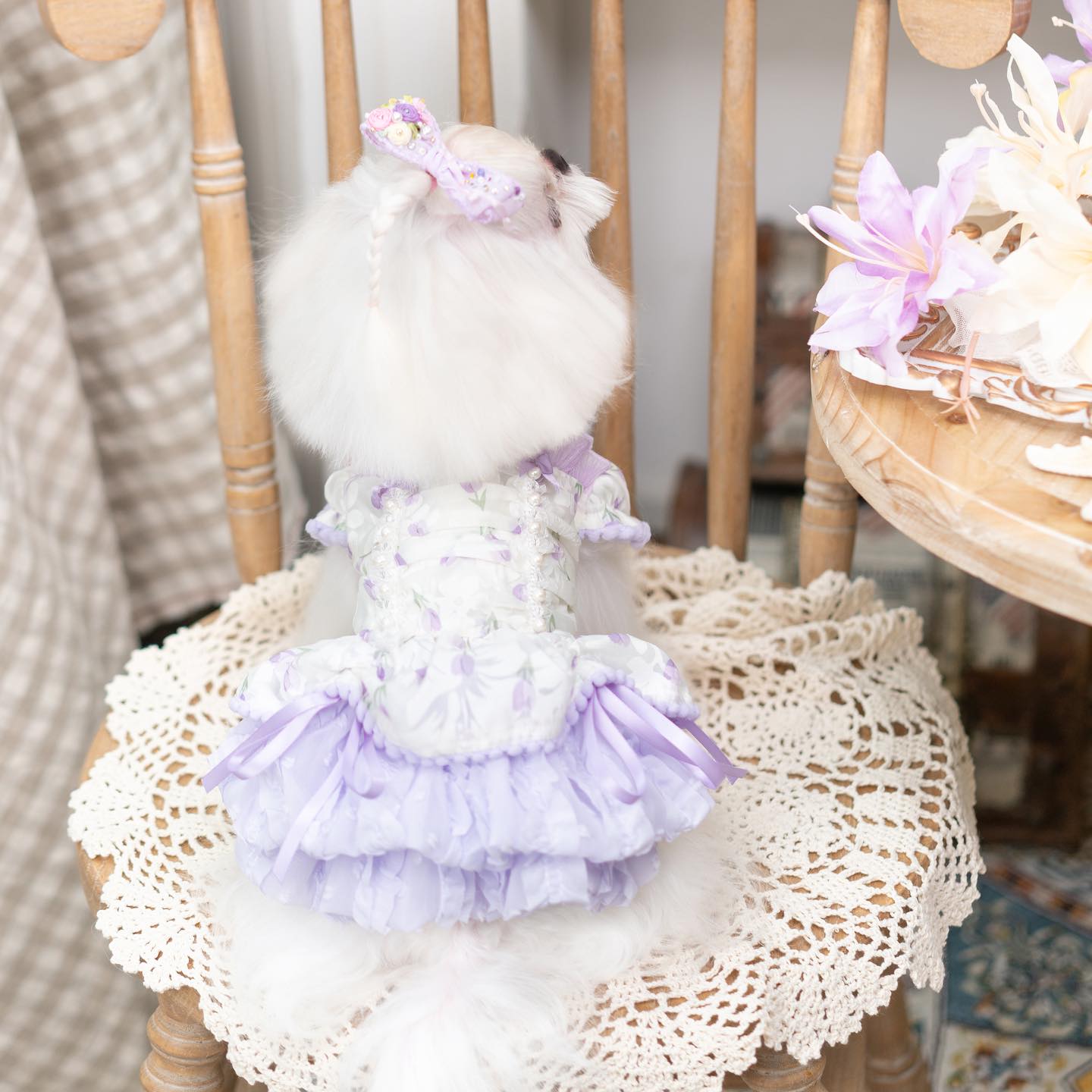 Princess Ruffle Dog Dress | Floral Puppy Party Dress with Pearl Bows