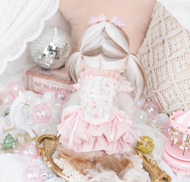 Princess Ruffle Dog Dress | Floral Puppy Party Dress with Pearl Bows