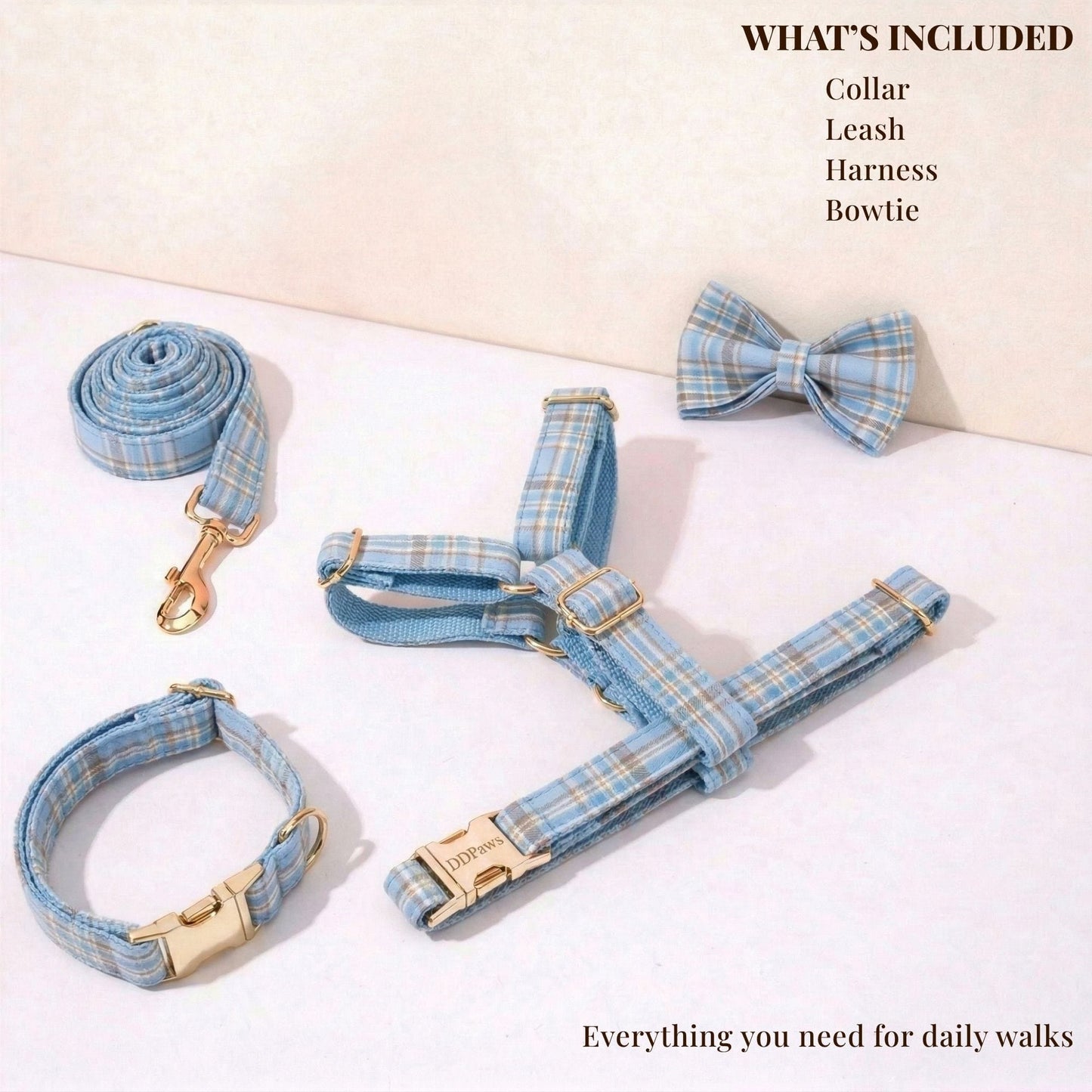 Ensemble collier, laisse et harnais pour chien, motif à carreaux bleus