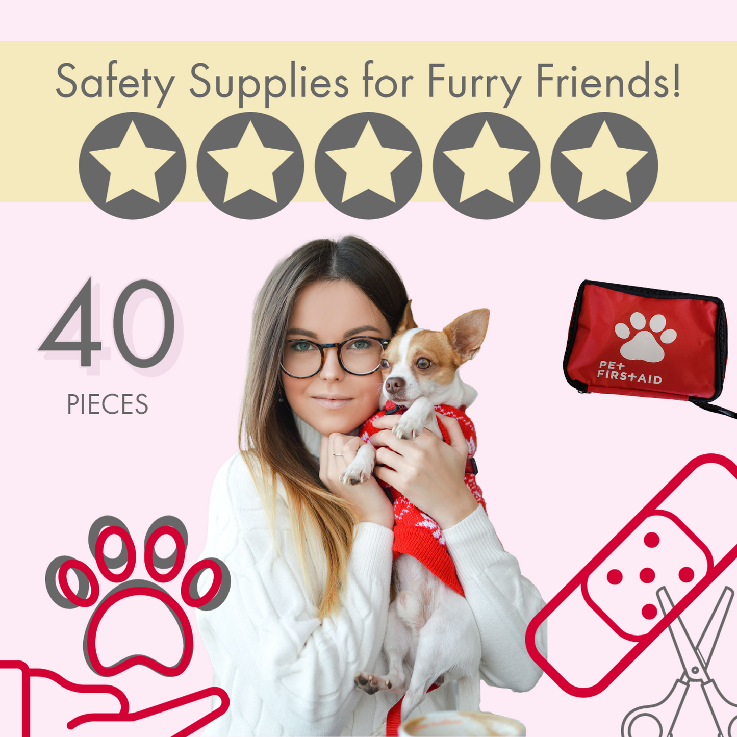 Kit completo de primeros auxilios para mascotas de 40 piezas para emergencias, seguridad y aventuras.