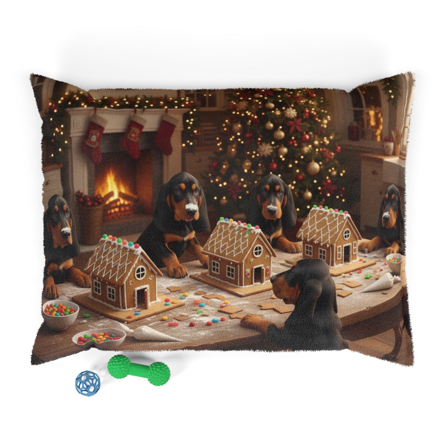 Festive Black and Tan Coonhounds Building Gingerbread Houses Pet Bed