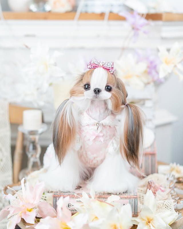 Luxury French Lace Princess Dog Dress with Satin Bow for Small Dogs