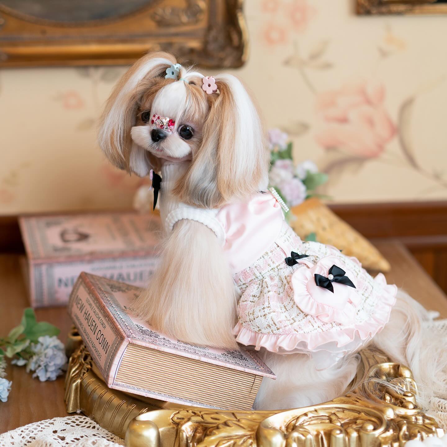 Luxury Tweed Dog Dress with Satin Bow | Designer Princess Puppy Dress for Small Dogs