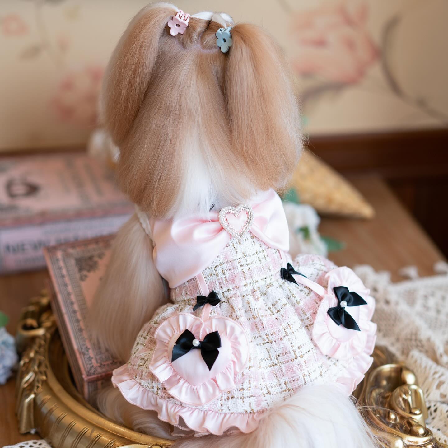 Luxury Tweed Dog Dress with Satin Bow | Designer Princess Puppy Dress for Small Dogs