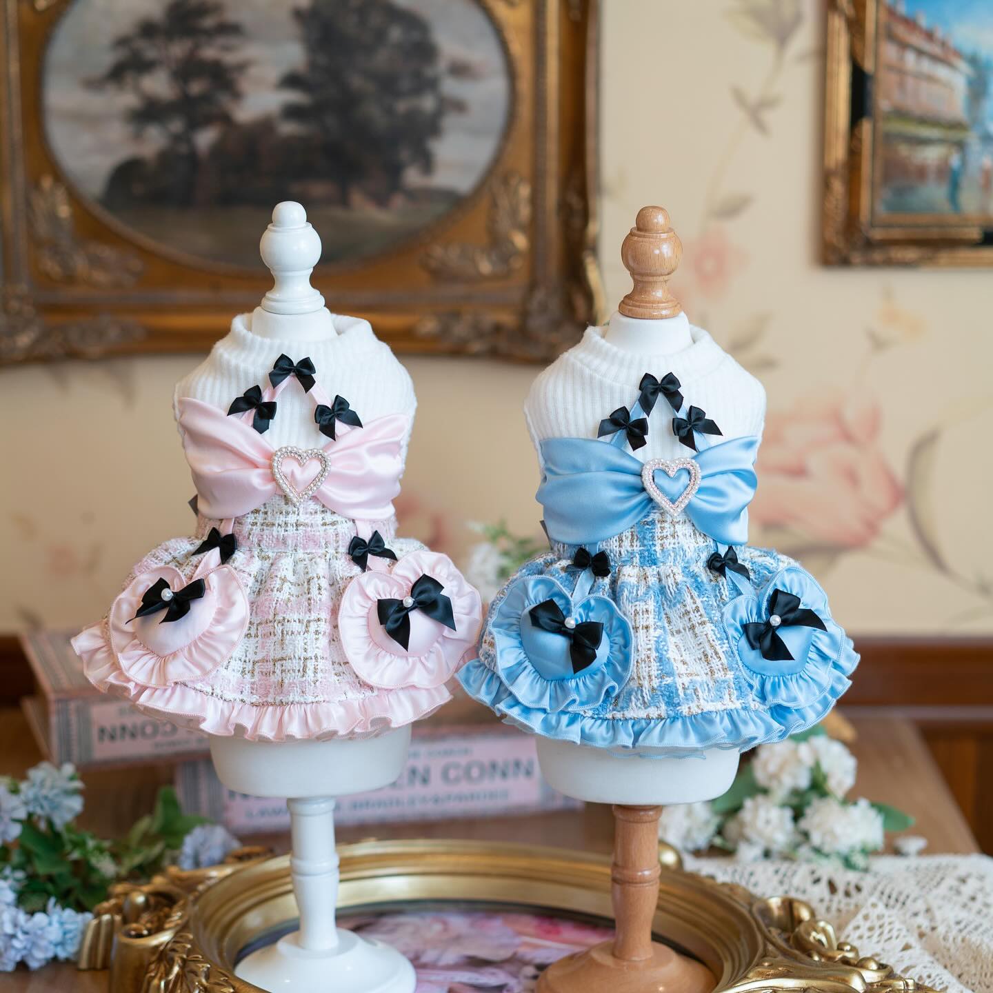 Luxury Tweed Dog Dress with Satin Bow | Designer Princess Puppy Dress for Small Dogs