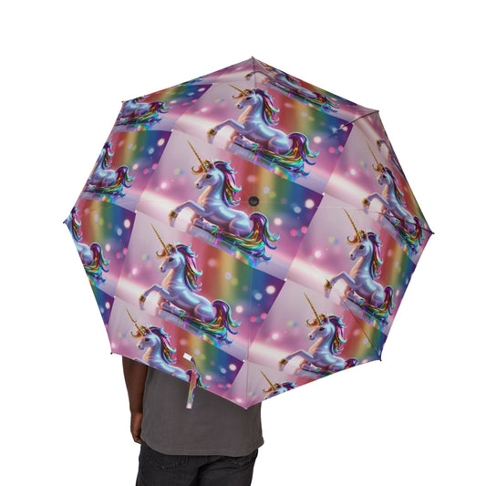 Glittery Rainbow Unicorn Semi-Automatic Foldable Umbrella