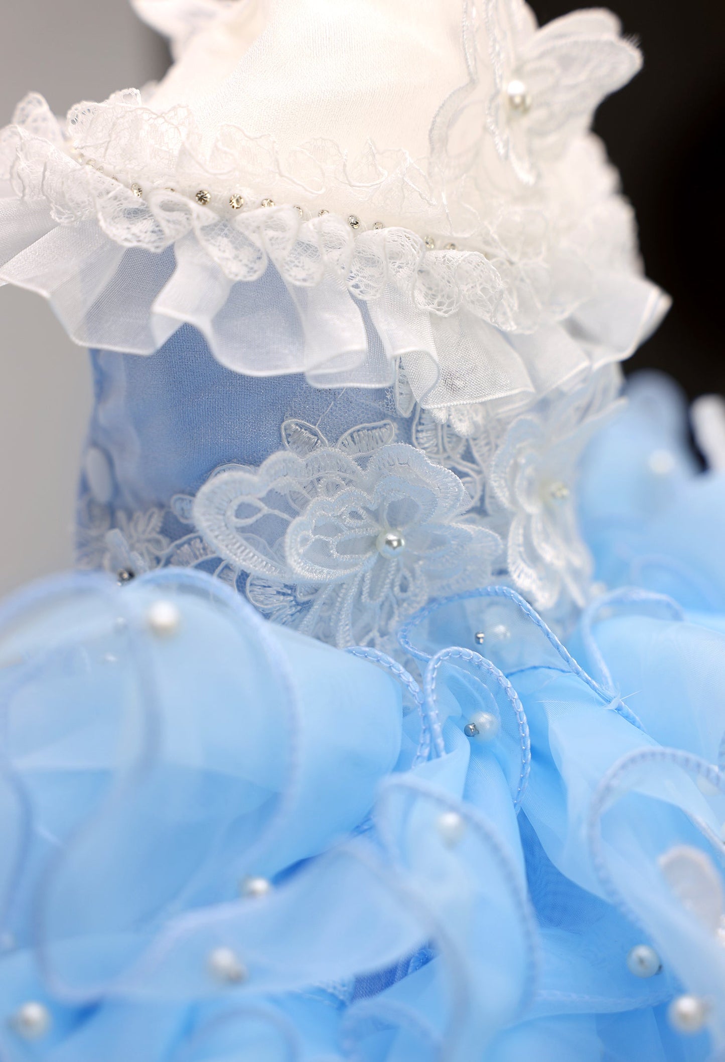 Handmade Sky Butterfly Princess Dog Dress – Luxury Blue Ruffle Ball Gown with Pearl Details