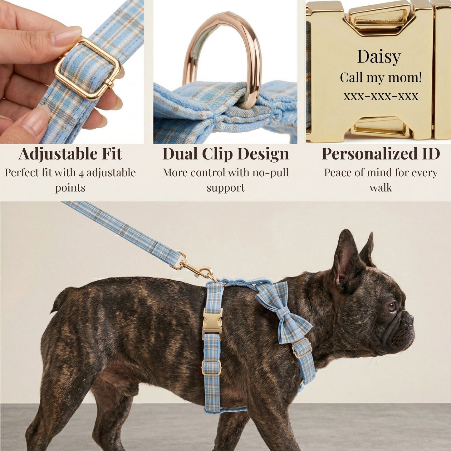 Ensemble collier, laisse et harnais pour chien, motif à carreaux bleus