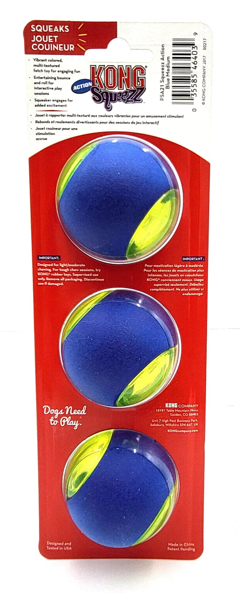 KONG Squeezz Action Ball Bleu Moyen Lot de 3 Jouets à rapporter pour chien