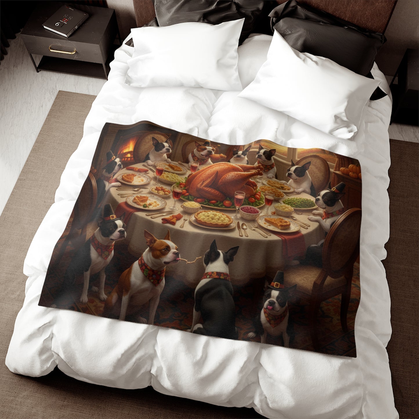 Boston Terrier Thanksgiving Dinner Blanket