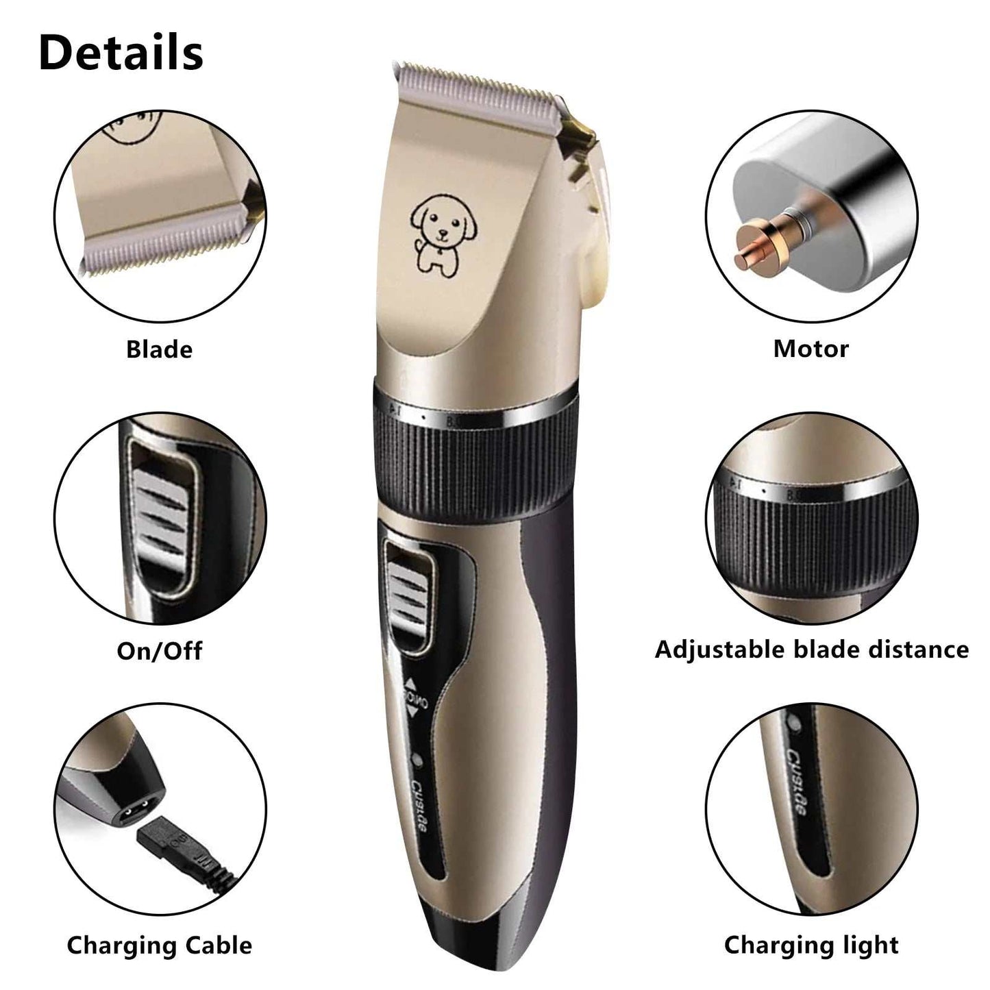 Tondeuse rechargeable pour chiens, tondeuse silencieuse pour animaux de compagnie, kit de toilettage sans fil professionnel avec peigne et ciseaux pour chiens, chats et autres animaux.