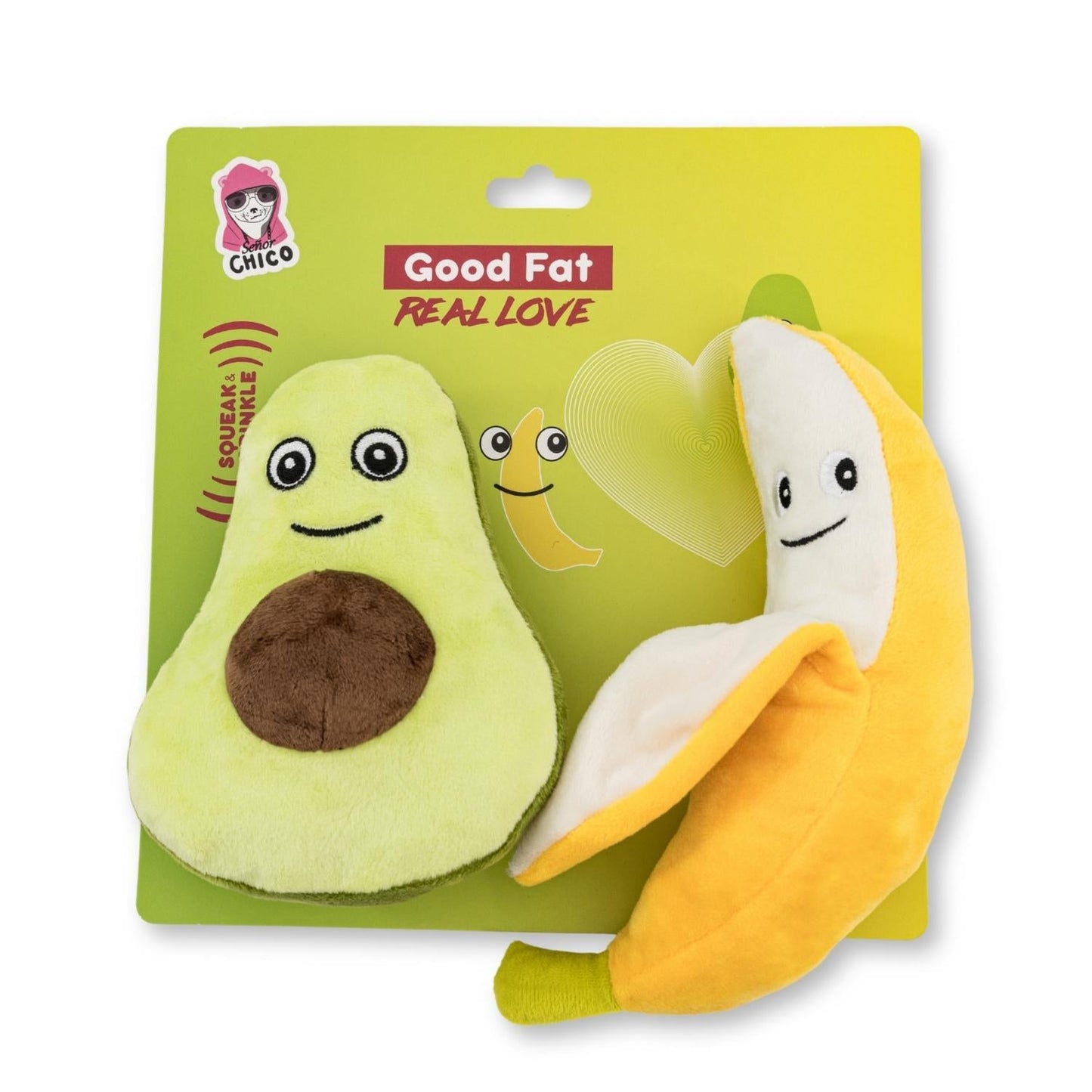 Coffret cadeau de peluches avocat et banane pour chien – avec couineur et papier froissé pour des heures de jeu amusantes