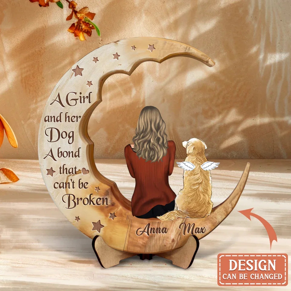 Personalized Dog Mom Moon Wooden Art - Gift Idea Dog Lover - A Girl And Her Dogs A Bond That Can't Be Broken