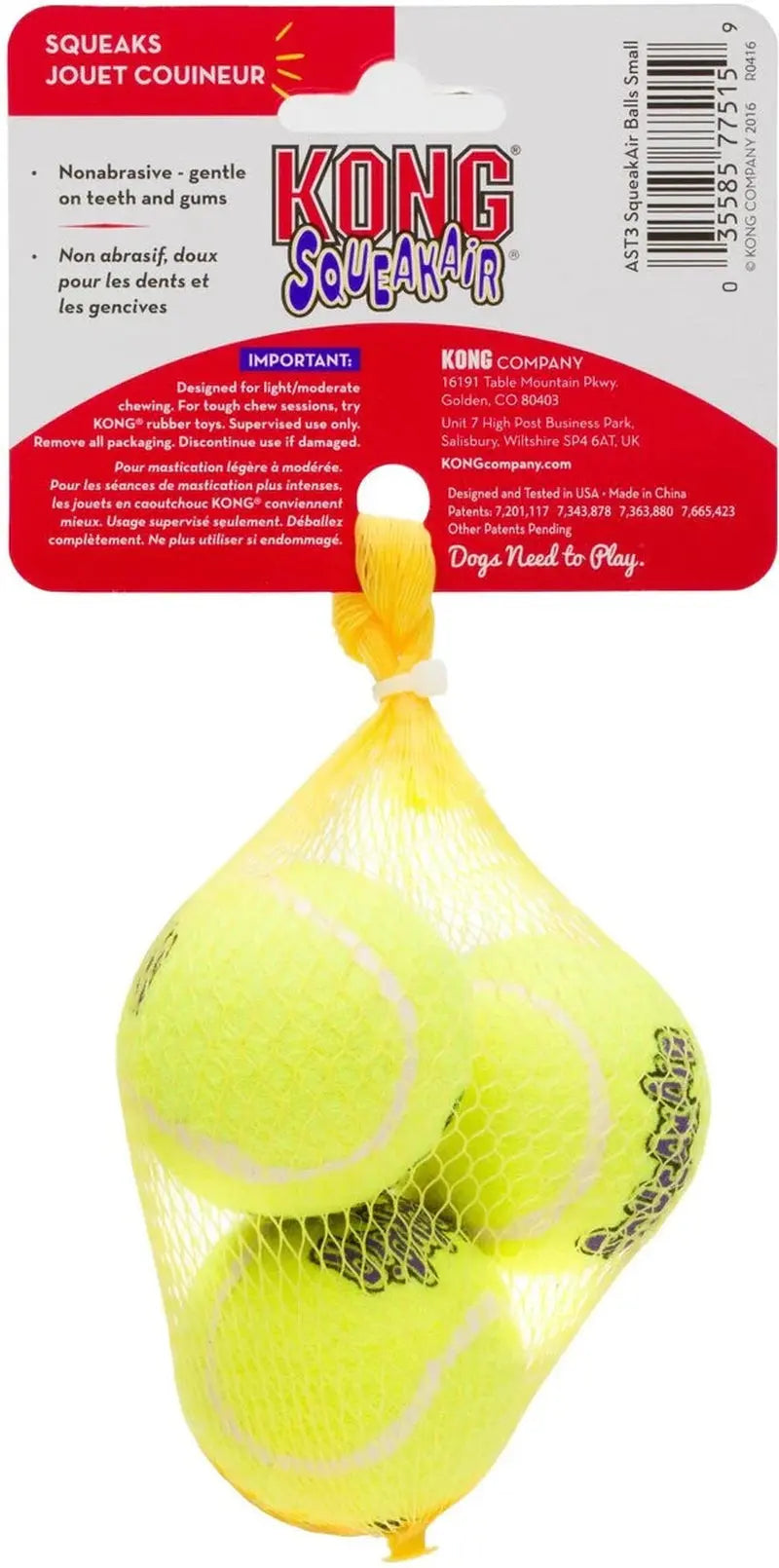Pelotas de tenis KONG Squeakair, paquete de 3, juguete chirriante para perros Airdog, tamaño pequeño, 2"