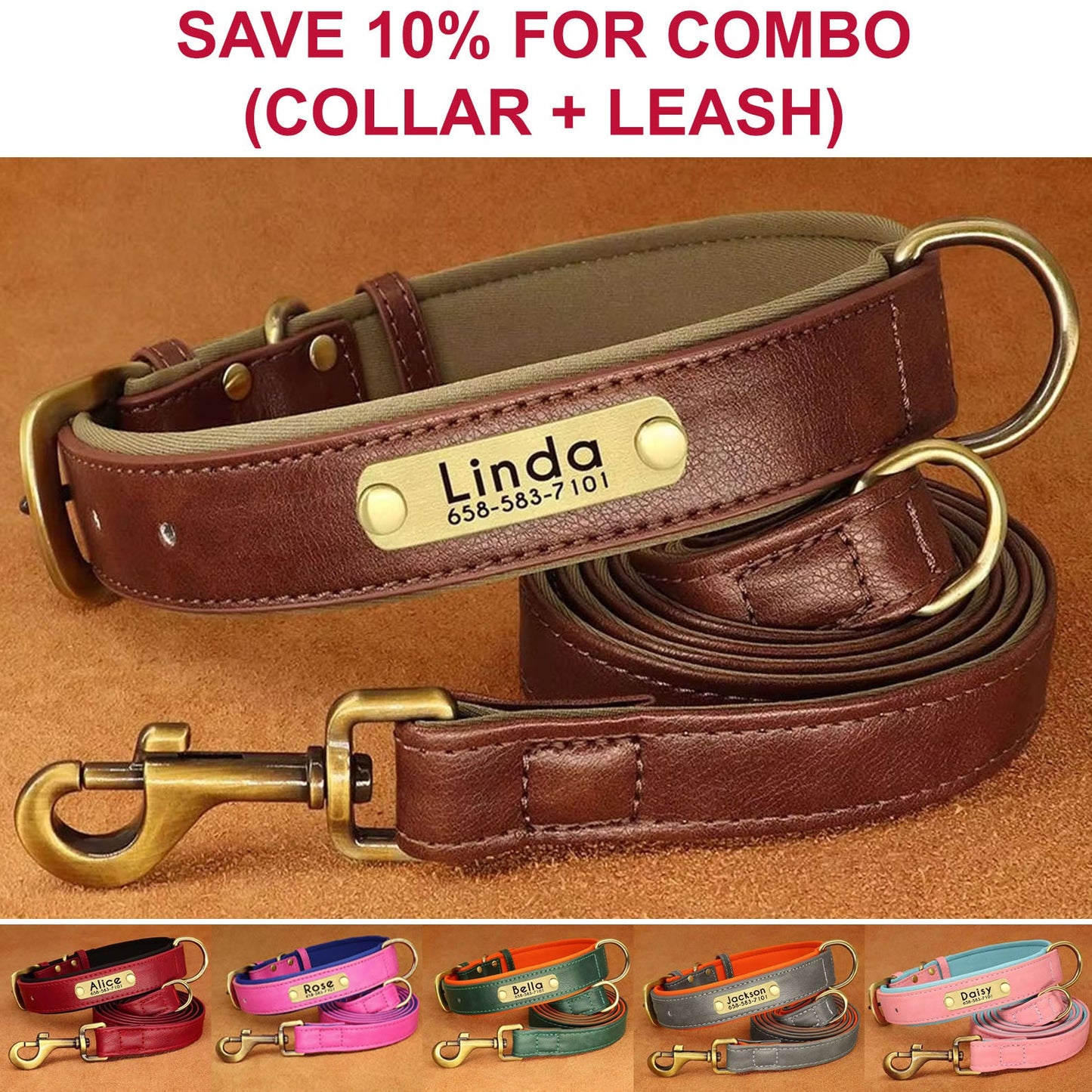 Collar de perro personalizado, de cuero sintético con grabado personalizado, con placa de identificación con grabado gratuito para perros pequeños, medianos y grandes - C1502