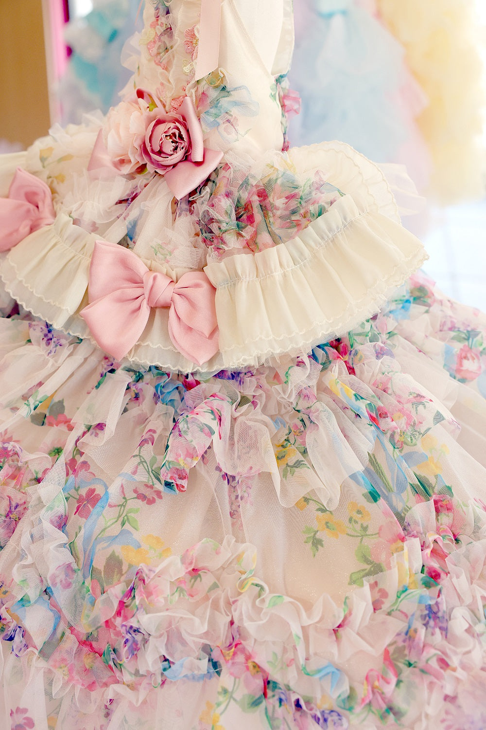 Blush Garden Princess Couture Dog Dress – Floral Ruffle Wedding Gown with Pink Bow Train