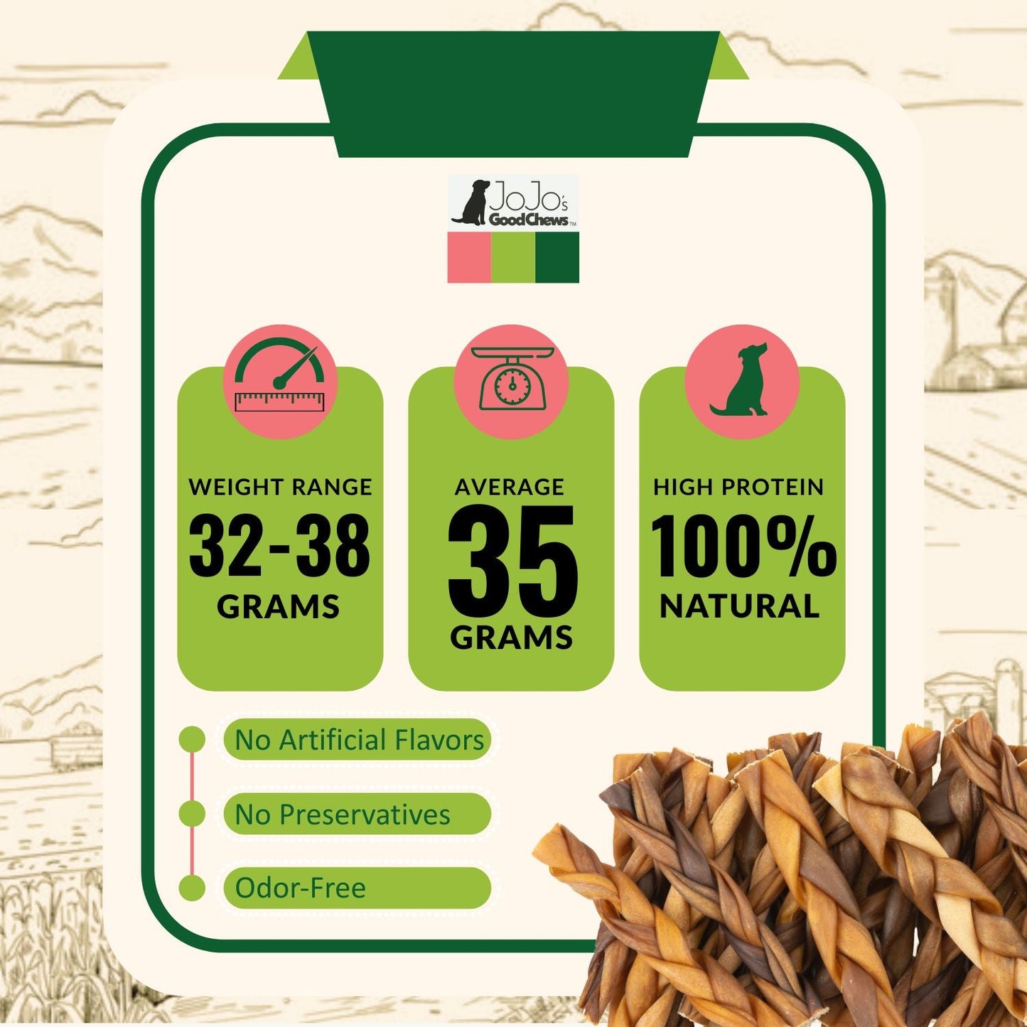 All-Natural Braided Collagen Stick Dog Treats, Supports Joint, Skin & Coat Health – 6-Inch Standard (4-Pack)